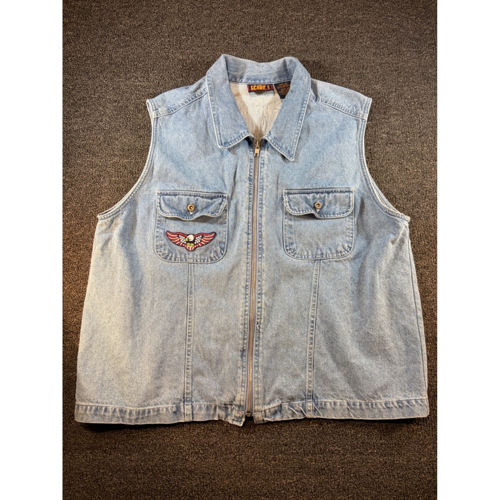 Faded Glory Womens 20W Denim Vest Harley Davidson Patch Eagle Light Wash Zip Up - Picture 2 of 10